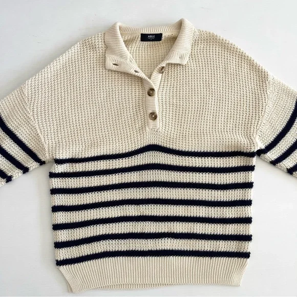 ABLE x Jess Ann Kirby Marin 100% Organic Cotton Striped Button Knit Sweater - Picture 4 of 14